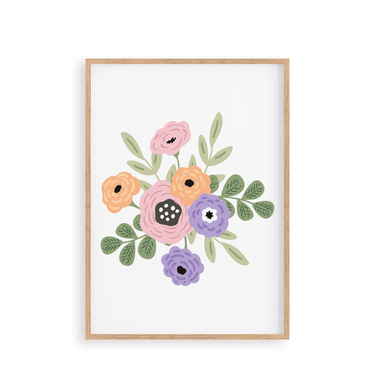 A paint by number kit depicting a floral design with numbered canvas paper, acrylic paints, and brushes.